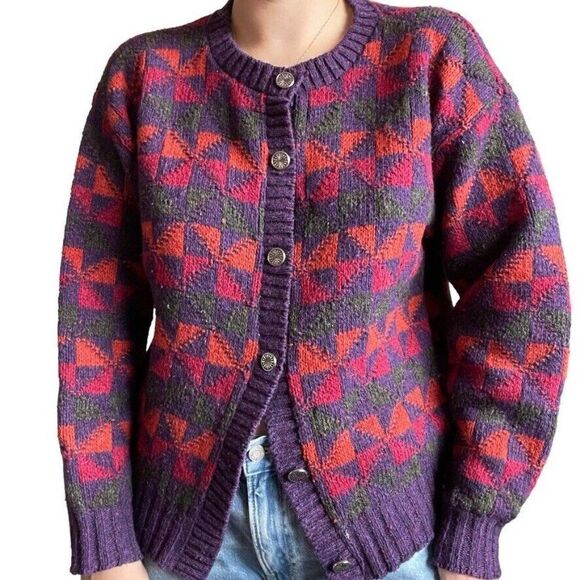 Vintage 90s Womens Alps Pink Geometric Retro 100% Shetland Wool Cardigan Sz L - Picture 1 of 9